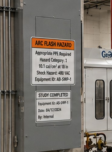 Arc-flash hazard label and completed study tag on an electrical panel